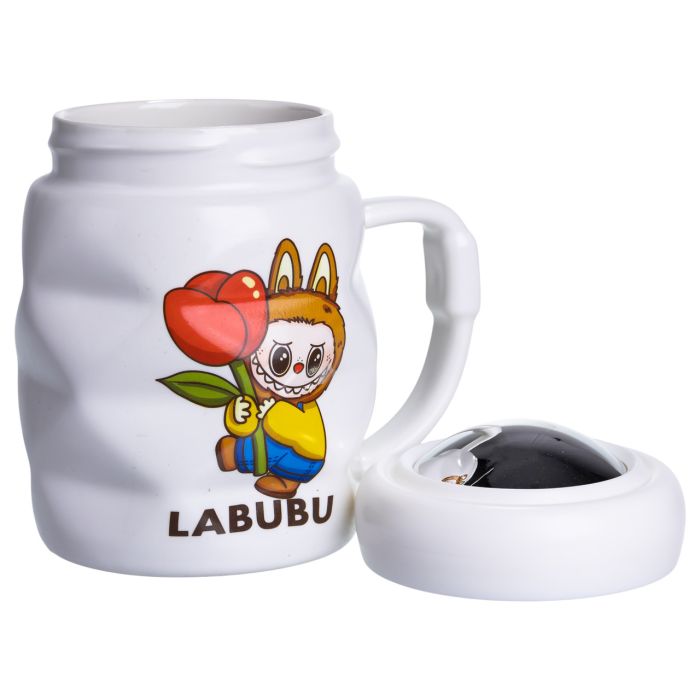 Чашка порцелянова з кришкою Labubu 400 (мл) подарункова кружка прикольна чашка для дітей на подарунок Білий з жовтим FM-54D (FM-54D) - изображение 2