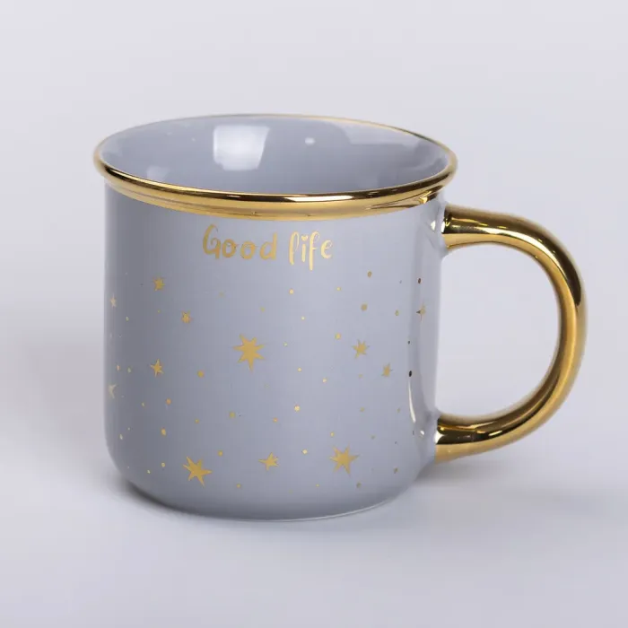 Чашка керамічна із золотим обідком та позолоченою ручкою 320 (мл) Good life Сіра (RX-N231506G) - зображення 1