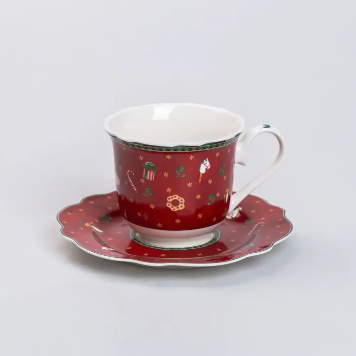 Чашка новогодняя для кофе и чая 300 (мл) с блюдцем красивая кружка в подарок 9 (см) Рождественская посуда (HP-SD-9) - изображение 1