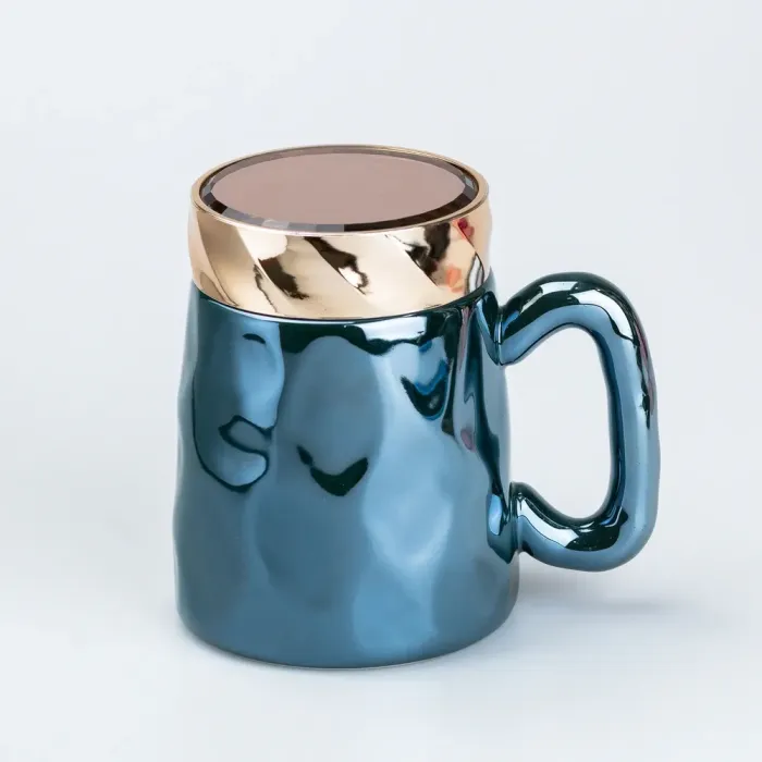 Чашка з кришкою 450 мл керамічна в дзеркальній глазурі Зелена (HP7195GR) - изображение 1