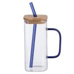 Скляна чашка 400 мл з бамбуковою кришкою і синьою трубочкою HP-19-146BL (HP-19-146BL)