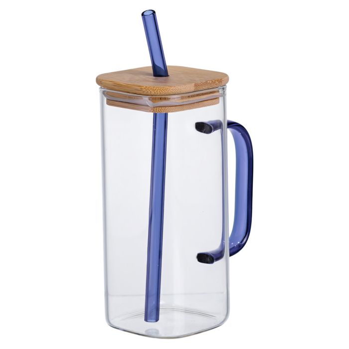 Скляна чашка 400 мл з бамбуковою кришкою і синьою трубочкою HP-19-146BL (HP-19-146BL) - зображення 2