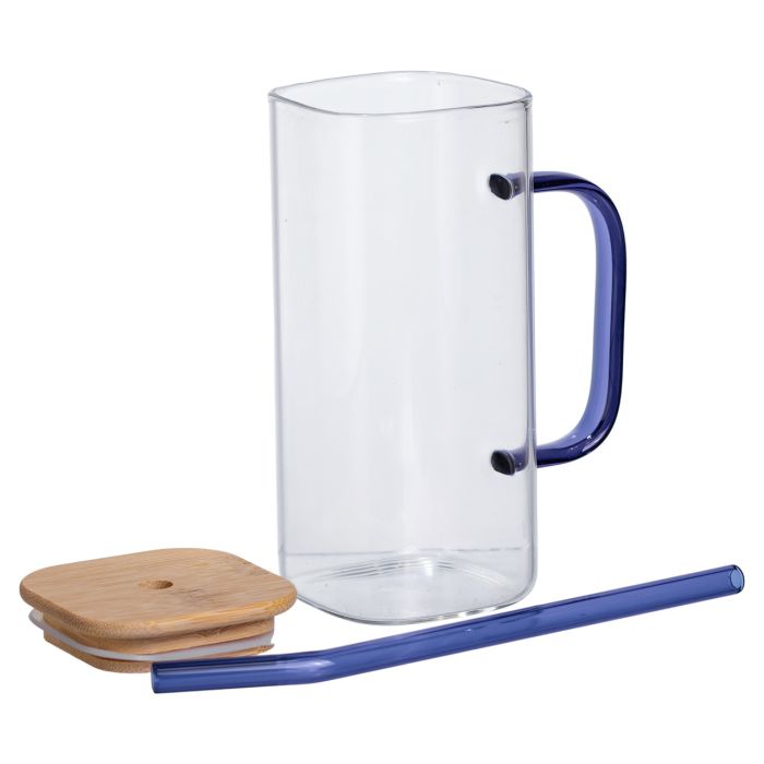 Скляна чашка 400 мл з бамбуковою кришкою і синьою трубочкою HP-19-146BL (HP-19-146BL) - зображення 3