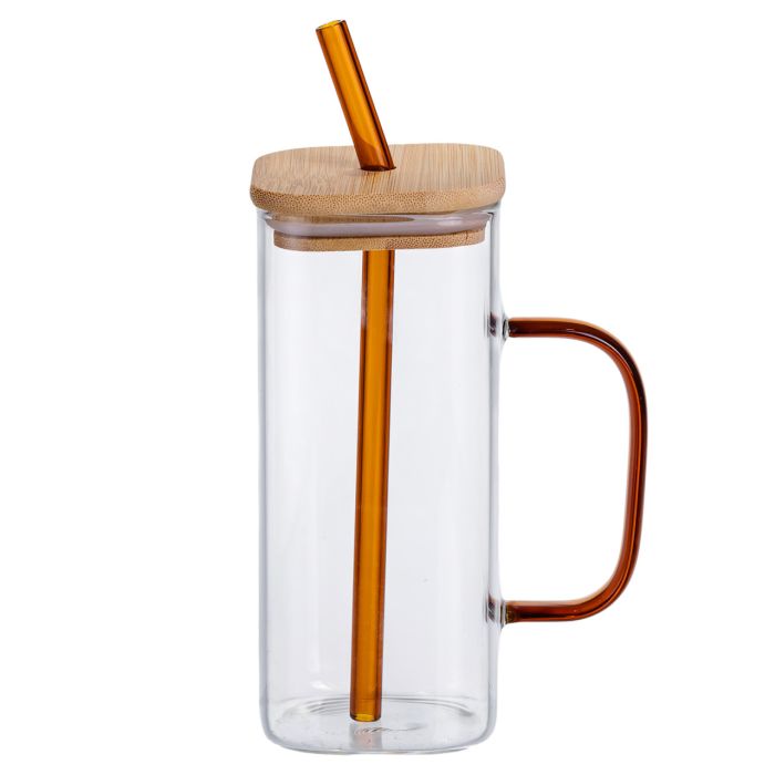 Скляна чашка 400 мл з бамбуковою кришкою і золотистою трубочкою HP-19-146GOLD (HP-19-146GOLD) - зображення 1