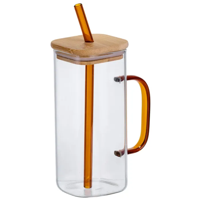 Скляна чашка 400 мл з бамбуковою кришкою і золотистою трубочкою HP-19-146GOLD (HP-19-146GOLD) - зображення 2
