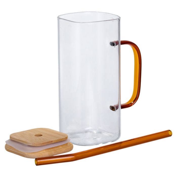 Скляна чашка 400 мл з бамбуковою кришкою і золотистою трубочкою HP-19-146GOLD (HP-19-146GOLD) - зображення 3