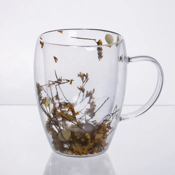 Чашка скляна з подвійними стінками, склянка з термостійкого скла з декором жовтих сухоцвітів 350 мл 64486-43 (64486-43) - зображення 1