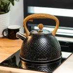 Чайник із свистком 3 літри для плити з дерев'яною ручкою чорний з товстим дном (HP33535B)