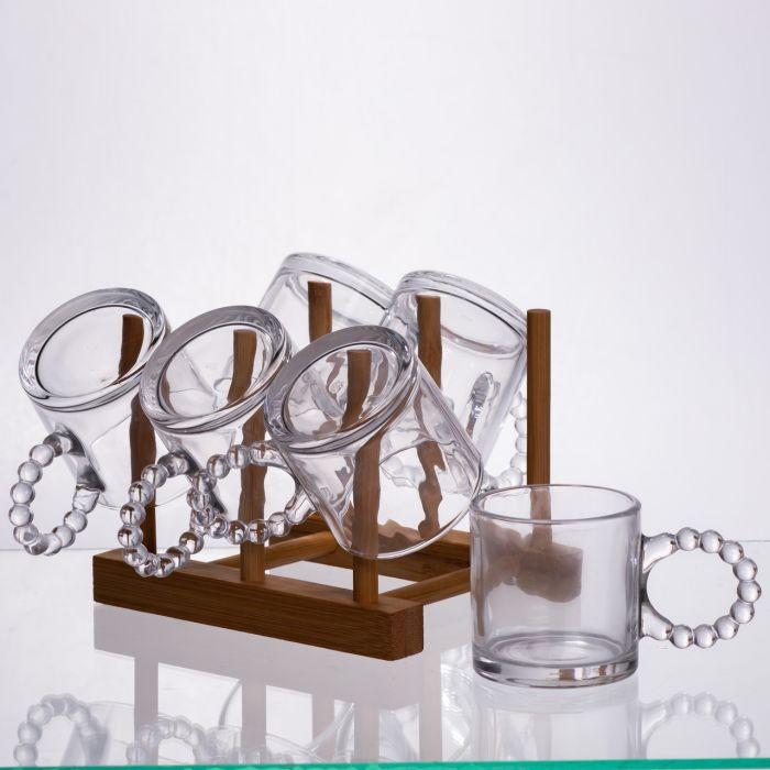 Чайний сервіз із товстого скла 8 предметів з бамбуковою підставкою для чашок 64486-23 (64486-23) - изображение 3