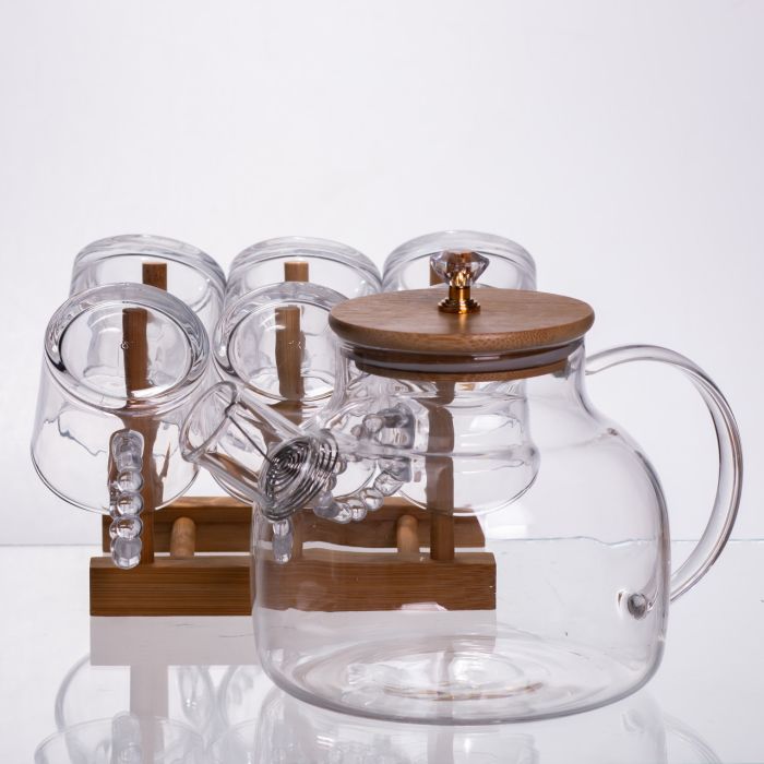 Чайний сервіз із товстого скла 8 предметів з бамбуковою підставкою для чашок 64486-23 (64486-23) - изображение 5