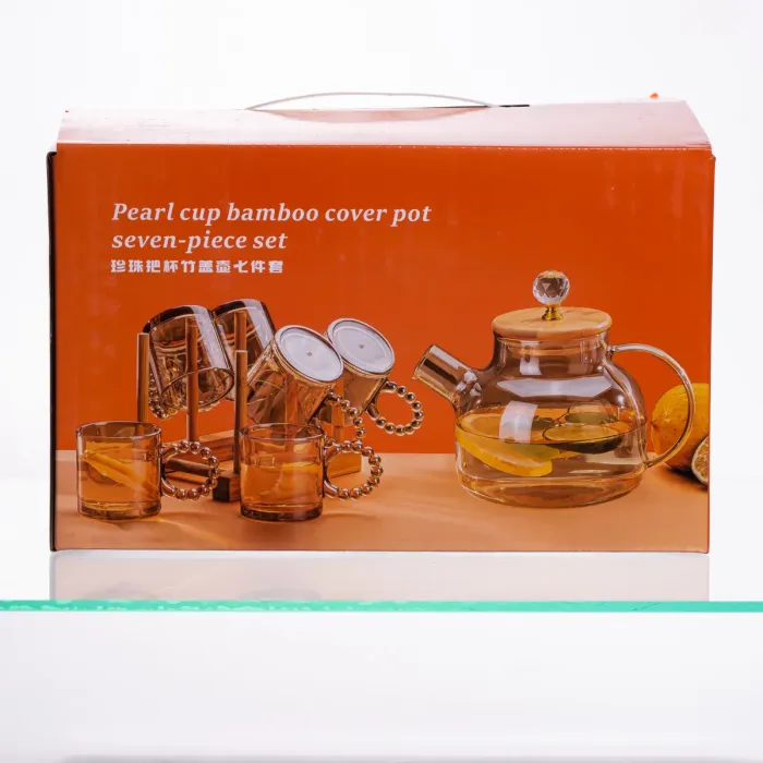 Чайний сервіз із товстого скла 8 предметів з бамбуковою підставкою для чашок 64486-23 (64486-23) - зображення 7