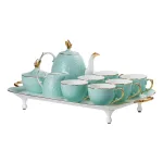 Чайний сервіз на 6 персон, чайник для заварювання, цукорниця, молочник, підставка, бірюзово-блакитний. (HP-15-3)