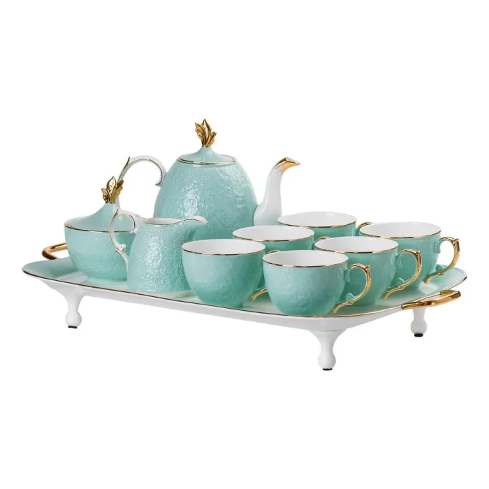 Чайный сервиз на 6 персон, заварочный чайник, сахарница, молочник, подставка, бирюзово-голубой. (HP-15-3) - изображение 1