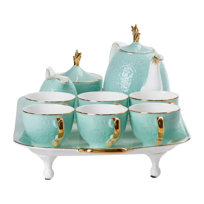 Чайный сервиз на 6 персон, заварочный чайник, сахарница, молочник, подставка, бирюзово-голубой. (HP-15-3) - изображение 7