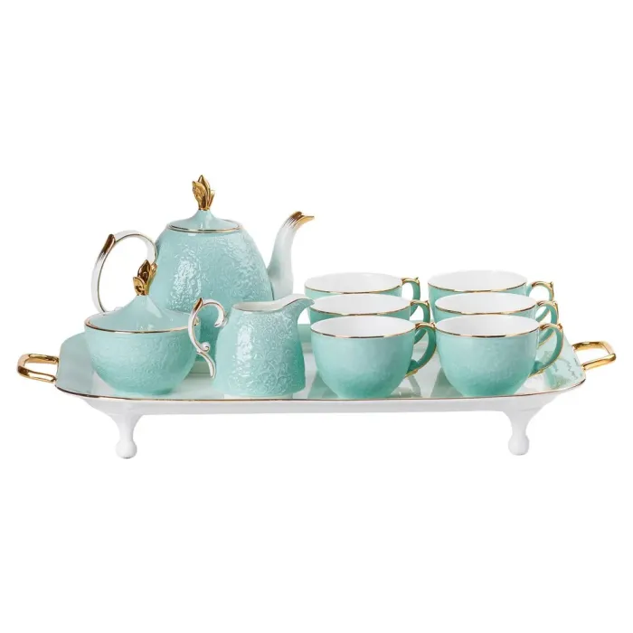 Чайный сервиз на 6 персон, заварочный чайник, сахарница, молочник, подставка, бирюзово-голубой. (HP-15-3) - изображение 8