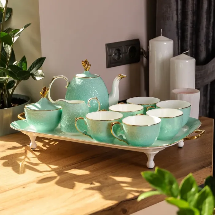 Чайный сервиз на 6 персон, заварочный чайник, сахарница, молочник, подставка, бирюзово-голубой. (HP-15-3) - изображение 9