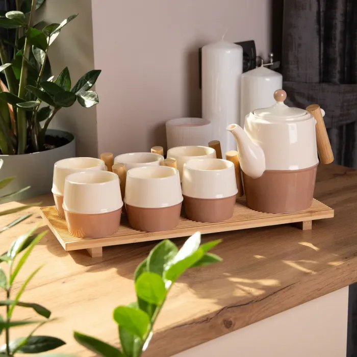 Чайный набор на 6 персон, с чайником и заварочным чайником, с бамбуковой подставкой (HP-15-21) - изображение 6