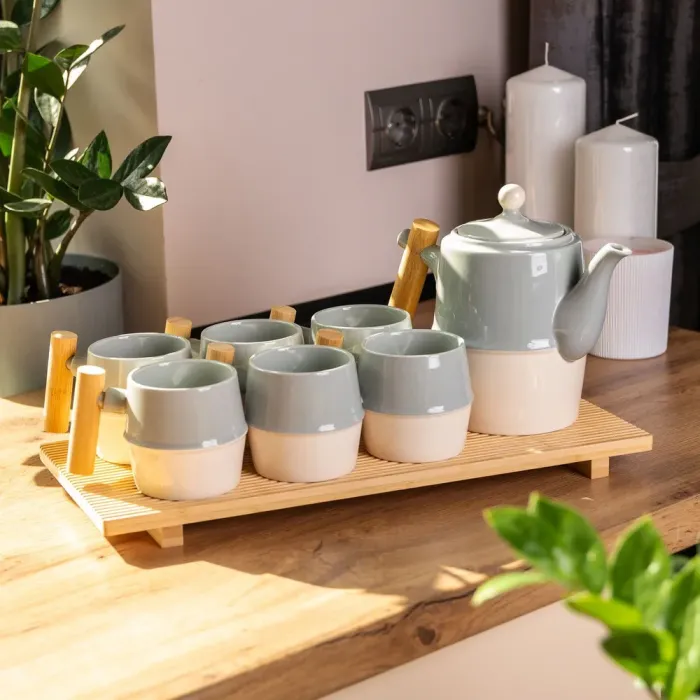 Чайний набір на 6 персон, з чайником та заварювальним чайником, з бамбуковою підставкою (HP-15-22) - зображення 7