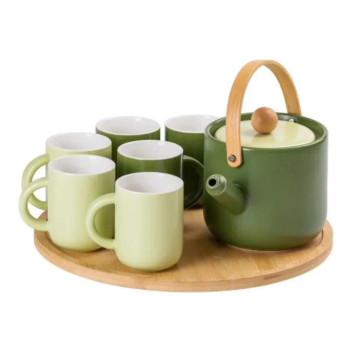 Чайный набор на 6 персон, с заварочным чайником, и бамбуковой подставкой, зеленый (HP-15-23) - изображение 7