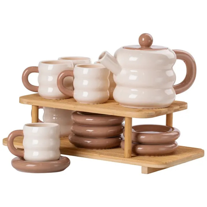 Чайный набор на 6 персон с чайником, заварником и 2-ярусной бамбуковой подставкой (HP-15-20) - изображение 5