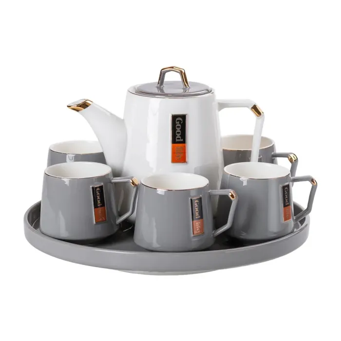 Чайний набір на 6 персон (з заварювальним чайником, чайником-заварником та керамічною підставкою), сірий. (HP-15-26) - зображення 1