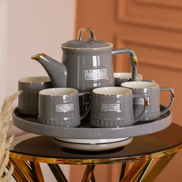 Чайный набор на 6 персон (с заварочным чайником, чайником-заварником и керамической подставкой) серый. (HP-15-5) - изображение 1