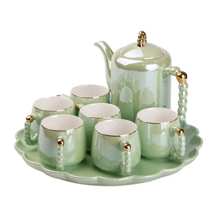 Чайный набор на 6 персон с заварочным чайником, чайником-заварником и керамической подставкой Зеленый (HP-15-8) - изображение 1