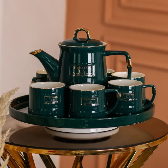 Чайний набір на 6 персон із заварювальним чайником, чайником-заварником та керамічною підставкою Зелений (HP-15-6) - зображення 8