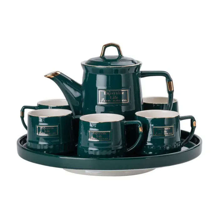 Чайний набір на 6 персон із заварювальним чайником, чайником-заварником та керамічною підставкою Зелений (HP-15-6) - зображення 1