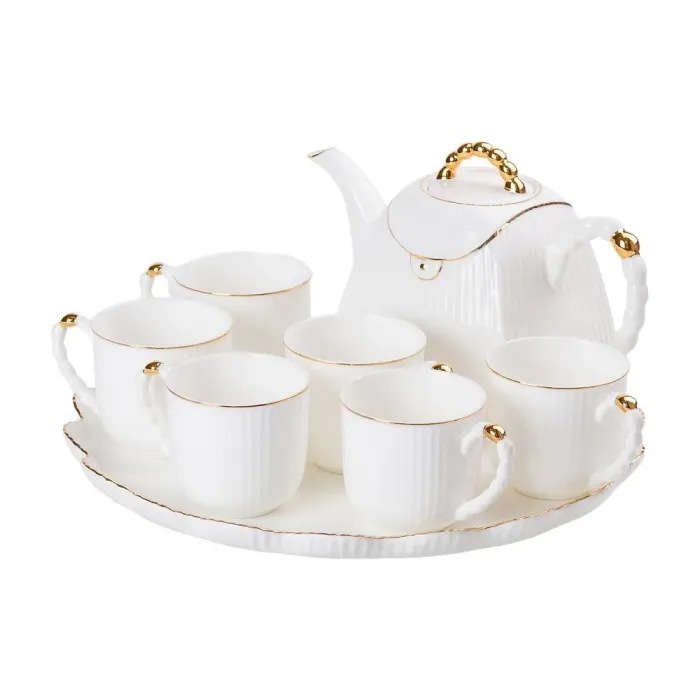 Чайний набір на 6 персон, із заварювальним чайником, керамічною підставкою, білий. (HP-15-4) - зображення 1