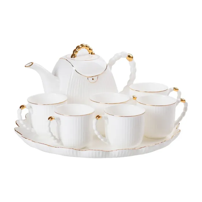 Чайний набір на 6 персон, із заварювальним чайником, керамічною підставкою, білий. (HP-15-4) - зображення 6