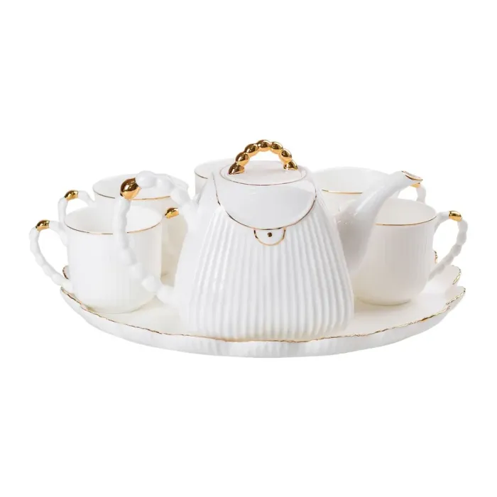 Чайний набір на 6 персон, із заварювальним чайником, керамічною підставкою, білий. (HP-15-4) - зображення 7