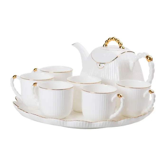 Чайний набір на 6 персон, із заварювальним чайником, керамічною підставкою, білий. (HP-15-4) - зображення 8