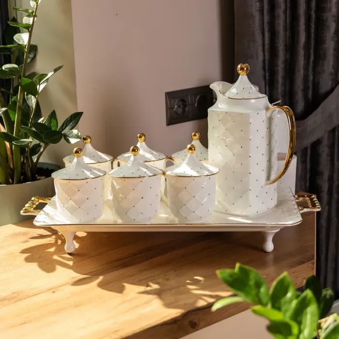 Чайный набор на 6 персон, с заварочным чайником, керамической подставкой, белый. (HP-15-2) - изображение 9