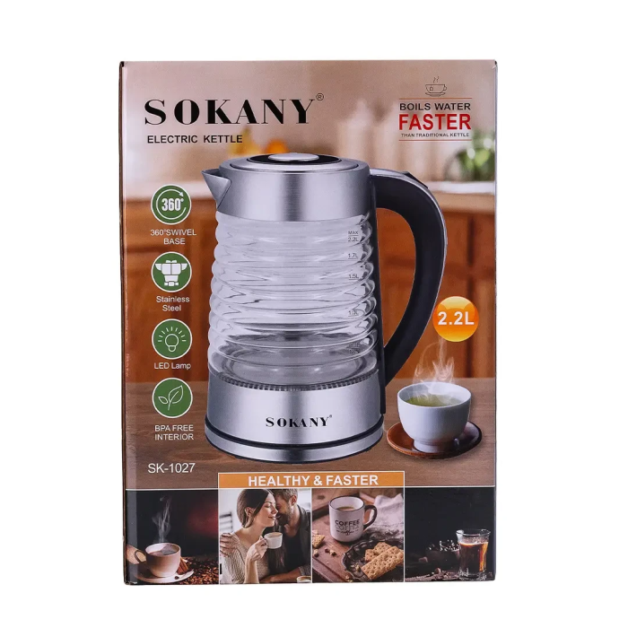 Электрический стеклянный чайник Sokany 2.2 л с подсветкой дисковый 2000 Вт, прозрачный чайник бытовой для дома (SK1027CST) - изображение 8