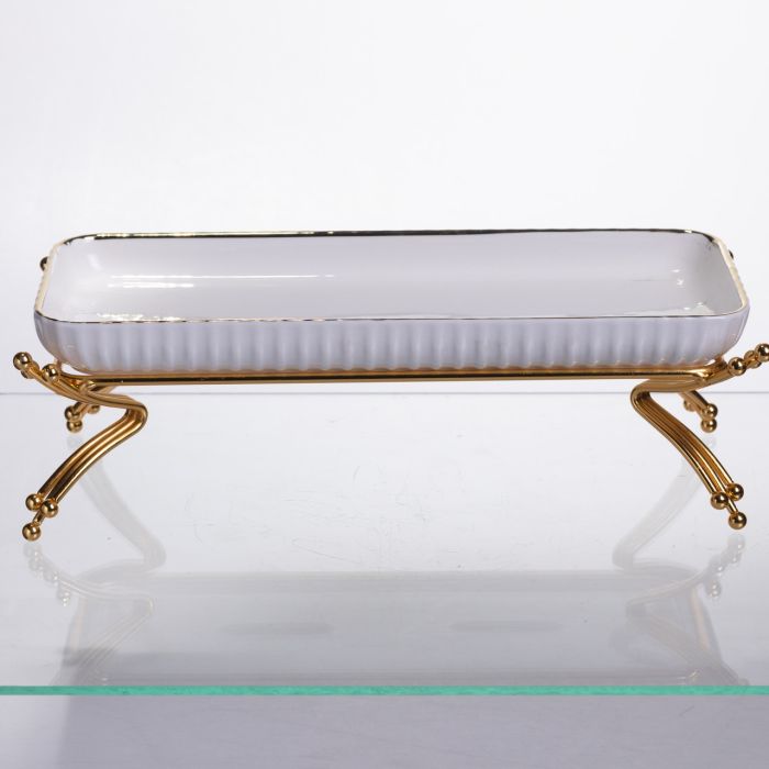 Порцелянове блюдо для сервірування на металевій підставці 29.5×12×9 (см) Білий із золотом LB-1565G (LB-1565G) - изображение 1