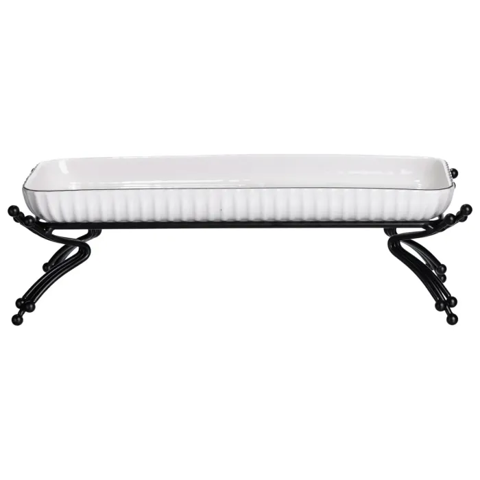 Порцелянове блюдо для сервірування на металевій підставці 29,5×12×9 (см) Біле з чорним LB-1565B (LB-1565B) - зображення 3