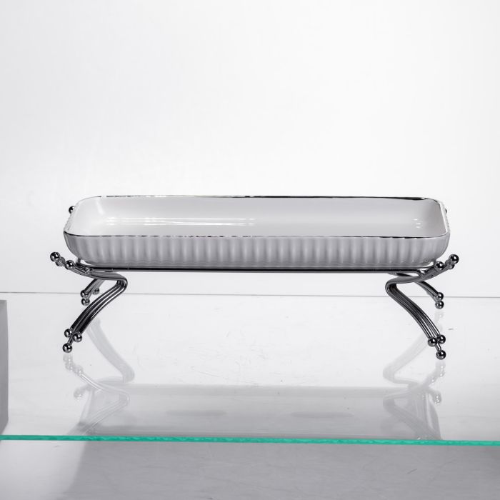 Порцелянове блюдо для сервірування на металевій підставці 29,5×12×9 (см) Біле зі сріблом LB-1565S (LB-1565S) - изображение 1