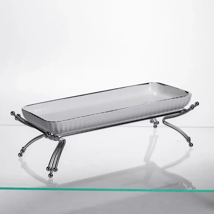 Порцелянове блюдо для сервірування на металевій підставці 29,5×12×9 (см) Біле зі сріблом LB-1565S (LB-1565S) - зображення 2