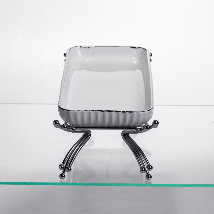 Порцелянове блюдо для сервірування на металевій підставці 29,5×12×9 (см) Біле зі сріблом LB-1565S (LB-1565S) - изображение 3