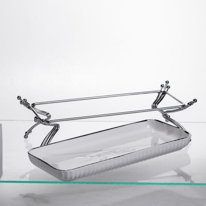 Порцелянове блюдо для сервірування на металевій підставці 29,5×12×9 (см) Біле зі сріблом LB-1565S (LB-1565S) - изображение 4