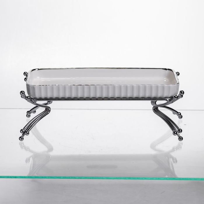 Порцелянове блюдо для сервірування на металевій підставці 37×18×5 (см) блюдо для подачі закусок Білий зі сріблом LB-1566S (LB-1566S) - изображение 1