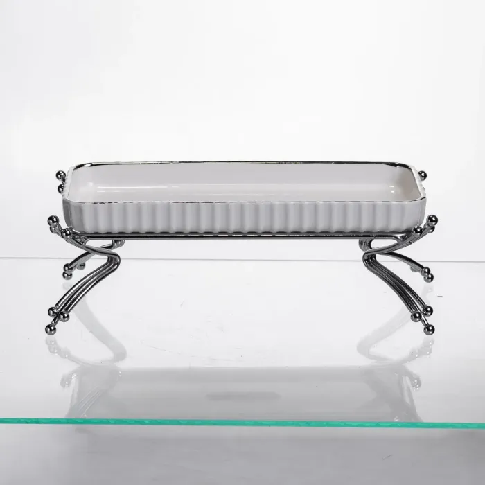 Порцелянове блюдо для сервірування на металевій підставці 37×18×5 (см) блюдо для подачі закусок Білий зі сріблом LB-1566S (LB-1566S) - зображення 1