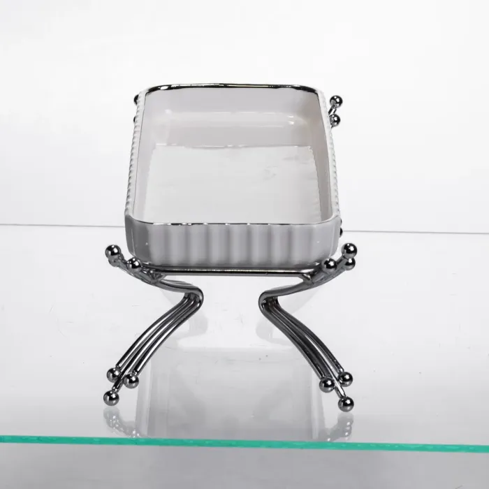 Порцелянове блюдо для сервірування на металевій підставці 37×18×5 (см) блюдо для подачі закусок Білий зі сріблом LB-1566S (LB-1566S) - зображення 3