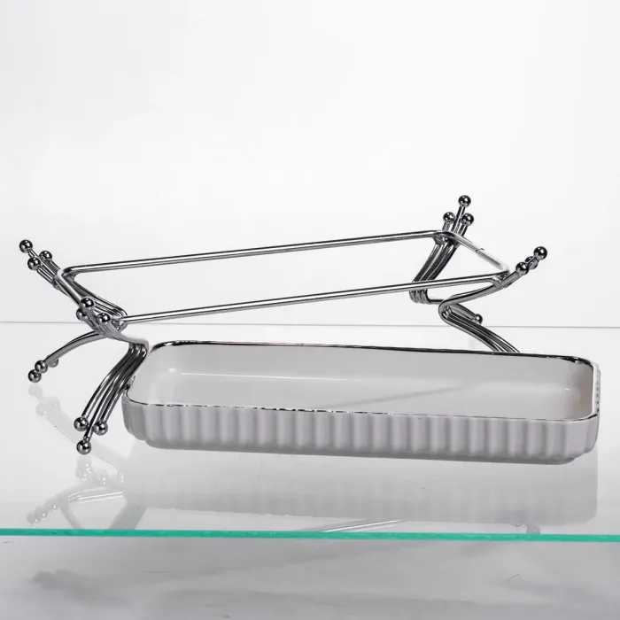 Порцелянове блюдо для сервірування на металевій підставці 37×18×5 (см) блюдо для подачі закусок Білий зі сріблом LB-1566S (LB-1566S) - зображення 4