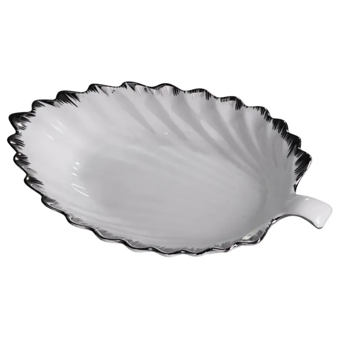 Порцелянова страва для сервірування стола у формі листя 37×18×5 (см) блюдо для подавання закусок Білий зі сріблом 2552-1S (2552-1S) - зображення 1
