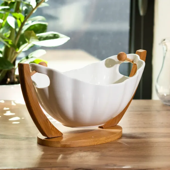 Фруктовница белая керамическая 281114 см ваза для фруктов на деревянной подставке (HP1240) - изображение 1