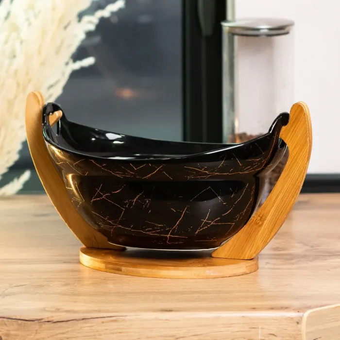 Фруктовница черная керамическая 32×18.5×18 см ваза для фруктов на деревянной подставке (HP1237) - изображение 1