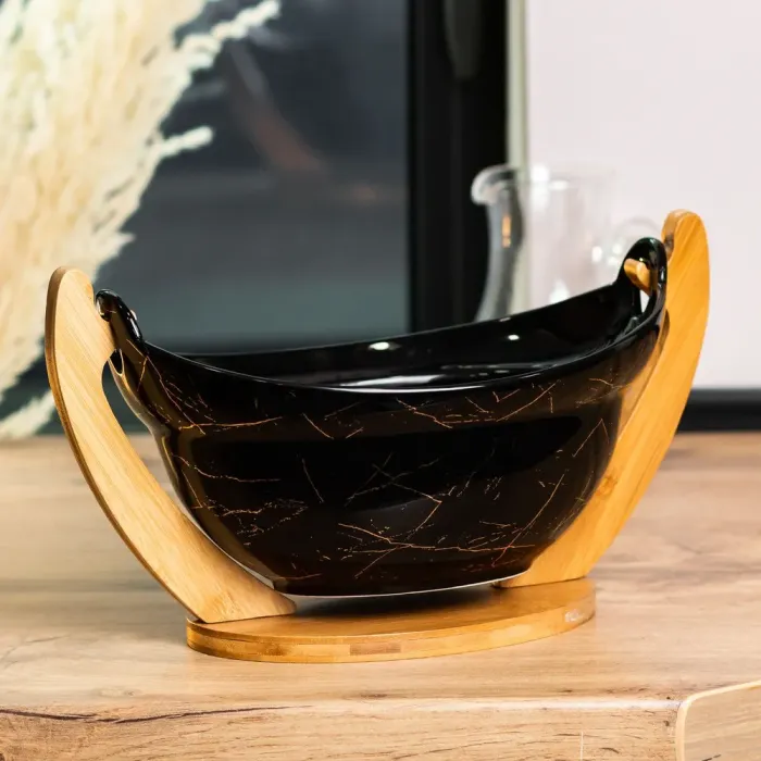 Фруктовница черная керамическая 32×18.5×18 см ваза для фруктов на деревянной подставке (HP1237) - изображение 2