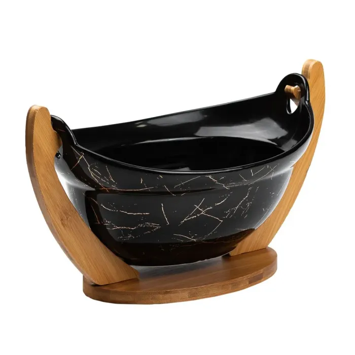 Фруктовница черная керамическая 32×18.5×18 см ваза для фруктов на деревянной подставке (HP1237) - изображение 3